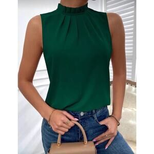 NWOT SHEIN Privé Pleated Mock Neck Sleeveless Blouse Green Size XL Work Top